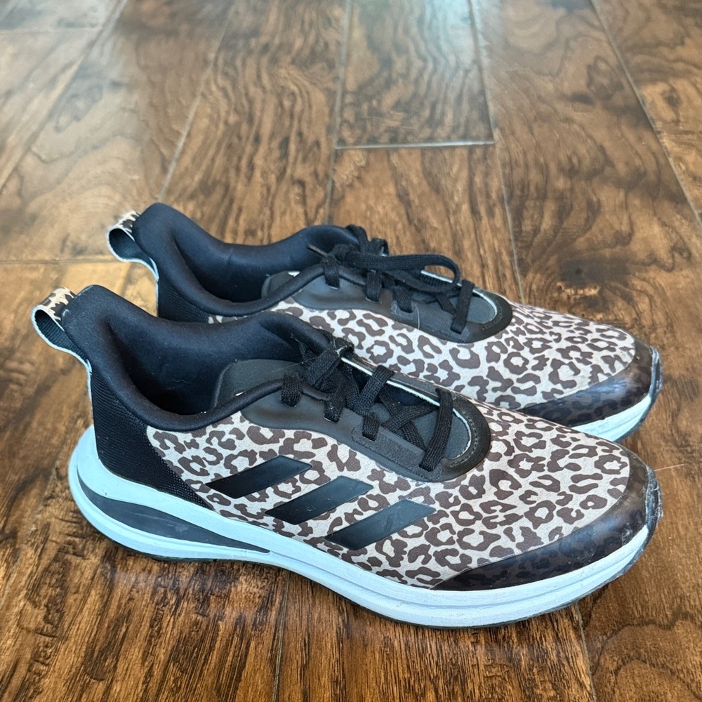 Adidas kids Black and Brown Leopard Sneakers, size 5.5 youth